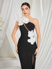 Asymmetrical Neck Backless Floral Embellished Gown Dresses Elegant Formal Evening Prom Wedding Guest Gown, For Graduation, Dinner, Party Dress, For Cocktail
