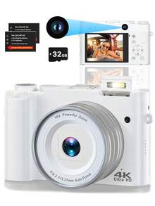 Nicamery 64MP 数码相机，图像稳定，4K 视频录制，自动对焦，带双摄像头的旅行摄影相机，16 倍数码变焦，包括 32GB SD 卡和 2 块电池