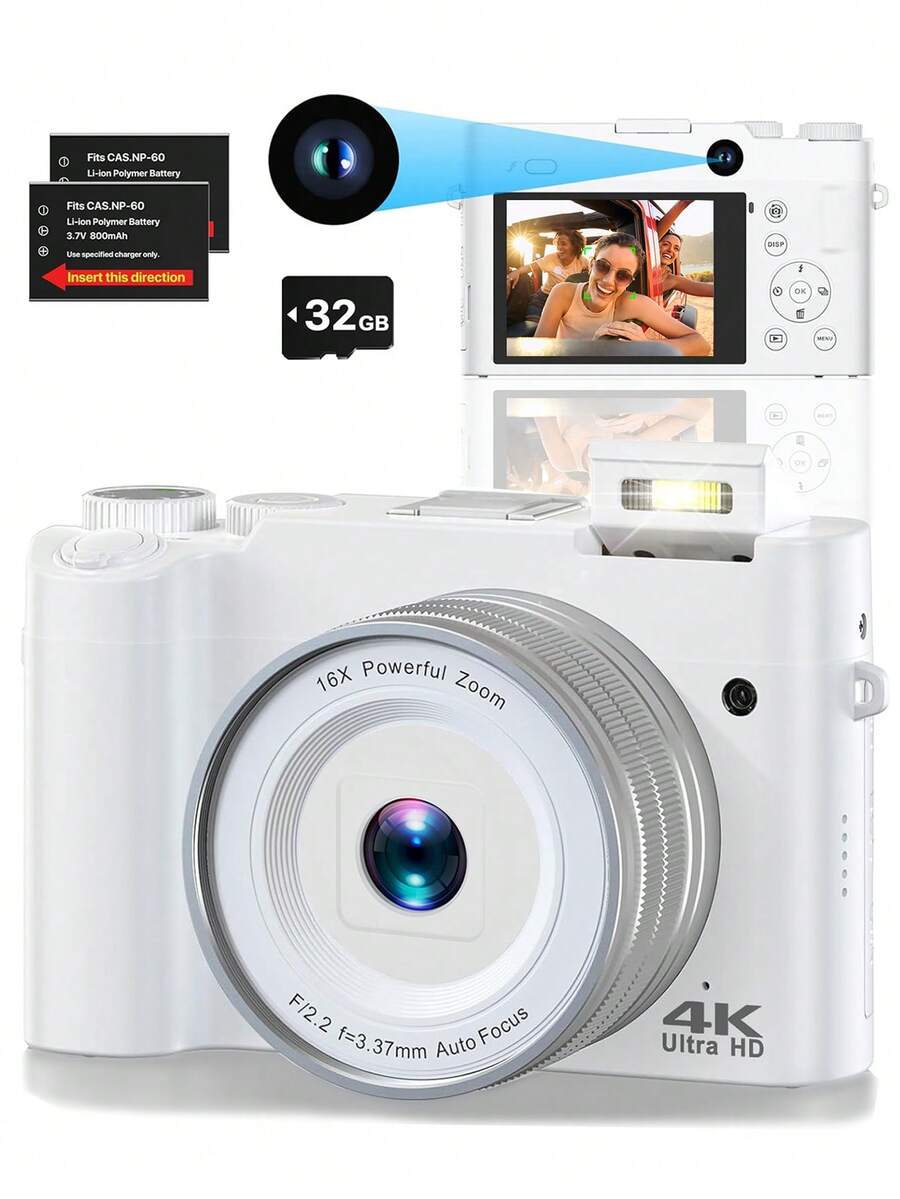 Nicamery 64MP 数码相机，图像稳定，4K 视频录制，自动对焦，带双摄像头的旅行摄影相机，16 倍数码变焦，包括 32GB SD 卡和 2 块电池