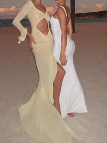 Long Sleeve V-Neck Ruffled Mesh Sheer Bodycon Dress - Apricot - View 5