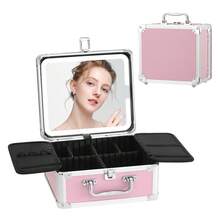 Makeup Bag With LED Mirror, Handheld Travel Makeup Case, Lightweight Large Capacity Makeup Box With Movable Partition, Cruise/Travel Essentials - Pink - View 3