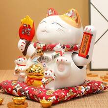 Gato de la suerte chino de cerámica - Gato japonés con brazo que saluda, estatua de gato de la fortuna con brazo móvil, estatua de buena suerte para el hogar y la oficina - Rojo y blanco - Ver 3
