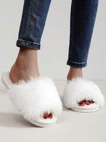 Faux Fur Open Toe Slippers, Ladies Furry Warm House Shoes, Home/Gift Slippers, Suitable For All Seasons - White - View 5