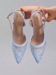 Fall/Winter 2025 Women's Lace Patchwork Pointed Toe High Heel Sandals, Hollow Out Breathable Sexy Fashion Party Stilettos, Elegant, Women Pumps,Elegant - Baby Blue - View 5