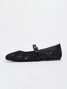 Women's Black Flat Ballerina Shoes With Flower Embroidery, Breathable Hollow Out Mesh Summer Sandals, Wide Toe Box For Comfort, Mary Jane Style - Black - View 7