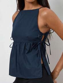 Women's Tie Strap Tank Tops Solid Plaid Pattern Side Ties Sleeveless Spaghetti Straps Camisole for Summer - Azul Marino - Ver 8