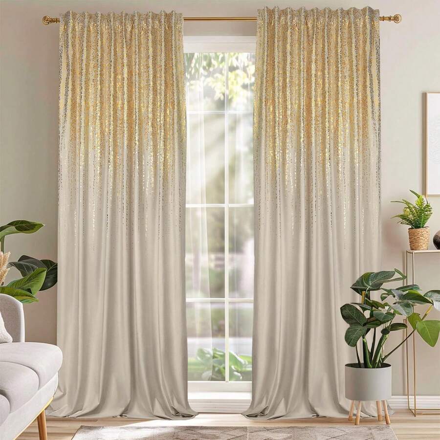 High quality beautiful and luxurious velour curtain decorated with a shimmering pattern of gold and silver glitter rain in a glamour style 1pc blackout sewn on a tape. Thick slate fabric。 - 米色+金色 - 查看 1