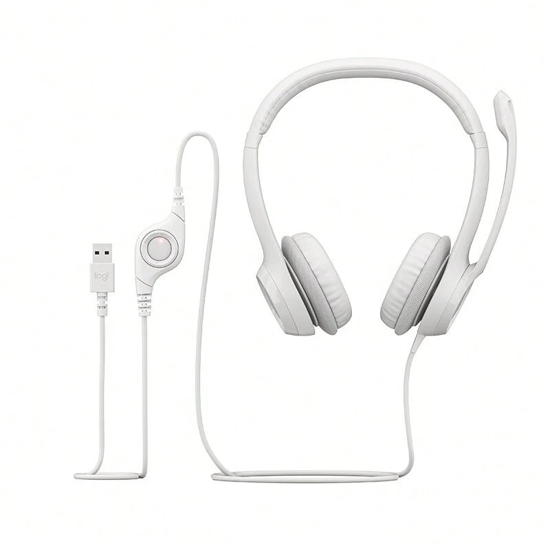 Logitech Auriculares con cable H390, llamada clara, control en línea conveniente, acolchado cómodo, efecto de sonido estéreo, micrófono de cancelación de ruido, brazo de micrófono giratorio, interfaz USB-A, blanco - Blanco - Ver 1