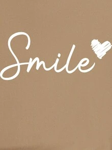 Damska koszulka z krótkim rękawem, regularny krój, koszulka z nadrukiem Smile Letter, damska koszulka z okrągłym dekoltem, wygodna, sportowa, casualowa, krótka, topy damskie, odzież wiosenno-letnia, prezent świąteczny - Kolor khaki - Zobacz 7
