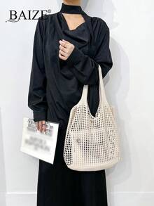 ENBEI Large Capacity Crochet Shopping Bag, Fashion Tote Bag For College Students, Female Office Workers, Multi-Purpose Commuter Bag, Easter And Christmas Gift Beach Bag Tote Bag Summer Beach Tote Bag For Women Beach Bag Women Handbag Women Crochet Bag Beach Tote Bag Beach Essential Beach Bag Handbag, Perfect Match With Crochet Set, Beach Necessities,Beach Essentials,Beach Stuff & Summer Essentials - Beige - View 3