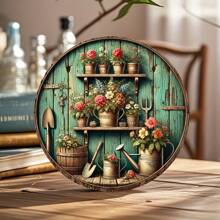 [Estilo Europeu] Arte de Parede Redonda de Madeira com Tema de Jardim Vintage, 7.87 Polegadas - Design Rústico de Flor e Ferramenta de Jardinagem, Adequado para Casa, Quarto, Banheiro, Bar, Café, Decoração Estilo Fazenda - Placa de Parede Retrô Encantadora, Decoração de Jardim