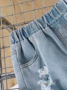 Set de 2 piezas de camiseta de manga corta con cuello redondo y estampado de oso, y pantalones cortos con efecto de mezclilla desgastada con estampado de oso para niños pequeños, estilo casual y elegante, para primavera y verano