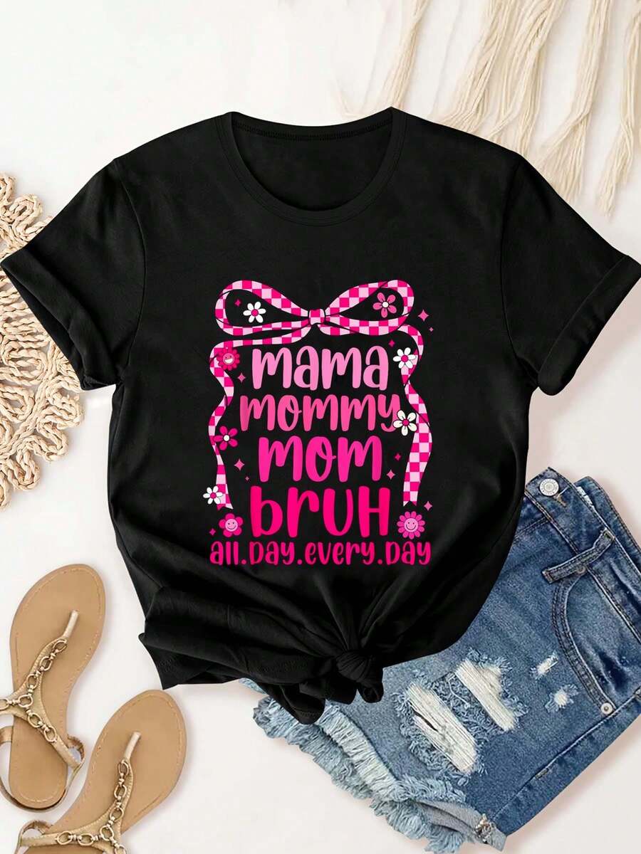 Mama Mommy Mom Bruh Pink Coquette Bow Mother's Day Floral T-Shirt Summer Tops, Short Sleeve Round Neck Casual Top For Summer & Spring, Women's Clothing - 黑色 - 查看 1