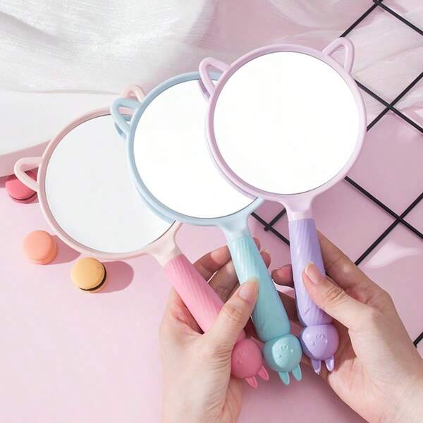 1pc Cute Silicone Handle Mirror, Home Cute Handheld Mirror, Portable HD Makeup Mirror, Multi-Color Selection, Suitable For Colorful Travel Portable Mirror