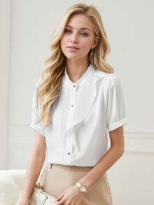 Blusa de mujer de gasa de manga corta, camisa ligera de verano con cuello con volante, profesional y elegante - Blanco - Ver 1