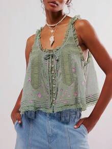 Women Lace Trim Vest Tank Tops Semi Sheer Tie Button Front Crop Y2K Going Out Tops Cute Summer Cami Shirt - 綠色 - 查看 2