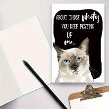 1 pieza Tarjeta de cumpleaños humorística con diseño de gato siamés y divertido mensaje "Sobre esas fotos" - Tarjeta de felicitación con tema de animales lindos para mujeres, hombres, familia, amigos - Regalo de cumpleaños perfecto para amantes de los gatos, producto de papel de calidad - Multicolor - Ver 5