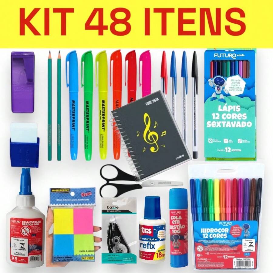 Kit 48 Items School Supplies Elementary Middle School Basic University Pen Pencil Highlighter Eraser Correction Fluid Stationery - 紅白色 - 查看 1