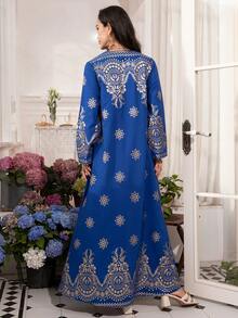 Floral Print Embroidered Tape Arabic Maxi Dress, Blue, Wedding/Holiday/Daily Wear, Spring/Summer 2025 - Blue - View 2
