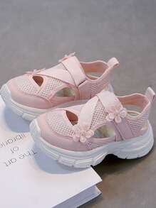 Girls' Hook And Loop Mesh Sports Sandals Summer New Cute Flower Open Toe Casual Shoes, Medium-Large Child Sizes