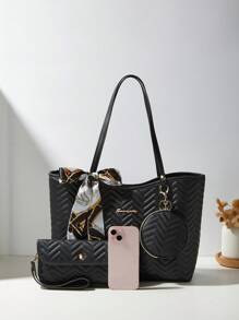 Set de 3 piezas para mujer que incluye: pañuelo, bolso de mano, bolso de hombro y cartera con diseño acolchado