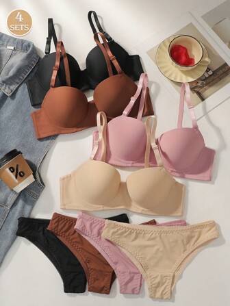 4 套纯色舒适简约 - 活力舒适 - 可爱纯真 - 甜美无钢圈加厚文胸套装