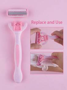 Lâminas de Segurança Rosadas Substituíveis com Lâminas de Aço Inoxidável de 6 Camadas, Aparelho de Depilação Manual Feminino de Corpo e Maiô Bikini
