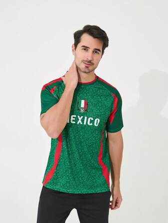 SURUIDA 1pc Mexico Soccer Jersey Short Sleeve T-Shirt, Casual Sports Style, Round Neck Short Sleeve Men's Jersey, Suitable For Fans Cheering, Ball Games, Team Matches, Training