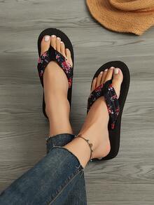 Women's Elegant & Comfortable Flat Flip Flops, Spring/Summer Fashion Ditsy Floral Beach Slippers, Casual Vacation Beach Sandals