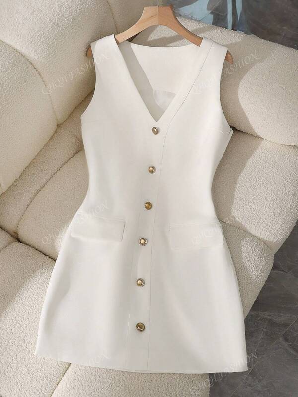 Sleeveless Elegant Casual Solid Color Mini Dress With Buttons And Fake Pockets, Suitable For Evening Dates, Formal Events In Summer