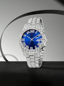 Conjunto de 3 pulseras de reloj de hombre de aleación de plata, con esfera azul con calendario, escala romana con brillantes, reloj de cuarzo, pulsera y collar de joyería, adecuado para uso diario o como regalo a amigos
