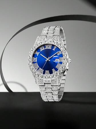 三件套男士银合金表带，时尚奢华，镶钻罗马数字表盘，带日历功能，蓝色表盘石英表手链项链首饰套装，适合日常佩戴、装饰或赠送朋友。