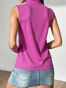Blusa dama mujer camisera sin mangas transparente mesh cuello camisero botones holgada ligera - Magenta - Ver 3