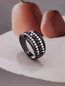 1pc Luxury Elegant Sparkling Wide Double Row Round White Zirconia Stone Ring, Suitable For Women As Gift For Valentine's Day, Date, Proposal, Wedding, Anniversary, Casual Daily Decoration