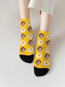 1 Pair Of Printed Socks Men, Custom Personalized Photo, Heat Transfer 360 Degree Print, Personal Face Graphic, Funny Fried Egg Graphic, Premium Summer Socks, Women's Athletic Ankle Socks, Perfect White Socks For Everyday Wear, Makes A Unique Whimsical Gift For Mother's Day, Father's Day And Special Occasions, Black Socks - Multicolor - View 3