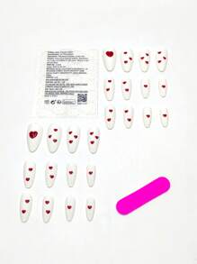 24pcs Almond-Shaped Romantic Minimalist Red Heart Artificial Nail Tips For Parties, Weddings, With 1pc Nail File & 1pc Nail Glue