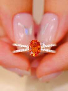 1pc S925 Sterling Silver Oval-Shaped Elegant Vintage Orange Zirconia Crossed Ring, Versatile Daily Wear, Gift For Women, Jewelry