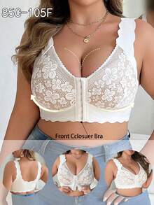 Plus Size Women Lace Contrast Mesh Bra, Wireless Lift-Up Soft & Comfortable Lingerie - White - View 3