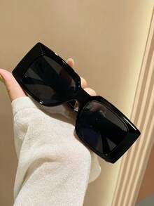 1 Pair Unisex Large Rectangle Black Frame Fashion Sunglasses, Suitable For Street Style, Travel, Sports, Driving, Holiday Outfits, Beach, Music Festival, Outing, Summer Accessories, Vacation, UV Protection, Golf, Hiking, Elegant Attire, Outdoor Activities, Fishing, Holiday, Outdoor Events, Sun Protection, Vacation - 彩色 - 查看 3