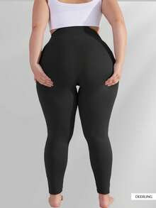 Plus Size Women High Waist Opaque Tummy Control Skinny Leggings With Pockets, High Waisted Workout Running Tight Pants With Pockets - Black - View 6