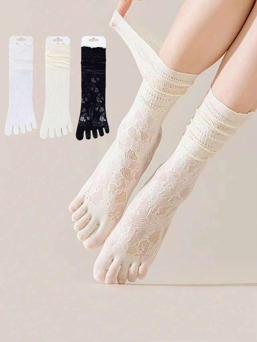 1/2/3 Pairs Women Lace Trim Two Toe Socks, Hollow Out Summer Sandal Socks, Thin Lace Trim Mid-Calf Toe Socks, Student Socks For Women - Multicolor - View 1