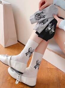 1 Pair Women's Korean Style Socks With Embroidered Bow & Pearl Decor, Fashion Sweet & Cute
