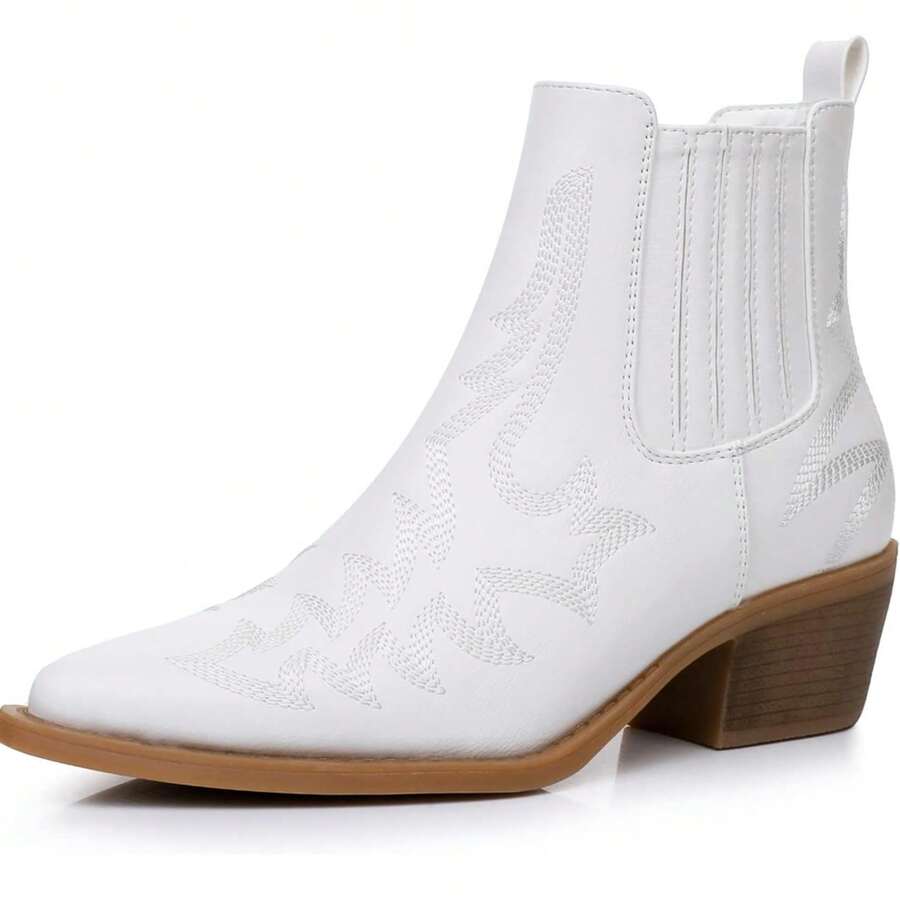 GLOBALWIN Cowboy Boots For Women Pointed Toe Pull On Chelsea Ankle Booties The Western Cowgirl Boots Fall Boots Halloween Season - 白色 - 查看 1