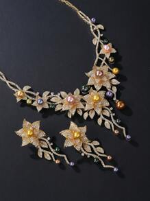 3 pièces/set de bijoux de luxe en zircone cubique et faux perle - collier et boucles d'oreilles, convient pour mariage, robe de soirée, vacances, cadeau d'anniversaire