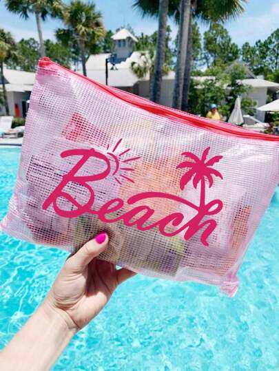 1pc Stylish Waterproof Pvc Beach Bag With Colorful Letter Print - A4 Size, Transparent Cosmetic Pouch With Nylon Zipper, Ideal For Swimming, Diving & Summer Vacations - Lightweight, Perfect For Men, Women & Youngsters, Beach Bag Accessories Travel Essentials Travel Accessories Travel Must Haves Holiday Essentials Holiday Travel Bag(Note: The Pink Nude Bag Does Not Come With Beach, Only One Bag With A Size Of 34*24) Back To School Supplies