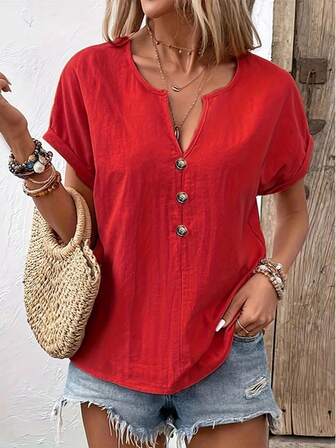 1pc Women's Solid Color Button Up Linen V-Neck Sleeveless Camisole Blouse, Casual Or Formal Short Sleeve Boho Loose Top, Front Button