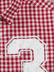 Stylish Retro Plaid & Numeral Pattern Short Sleeve Men's Shirt, Outdoor/Holiday Wear - Red and White - View 4