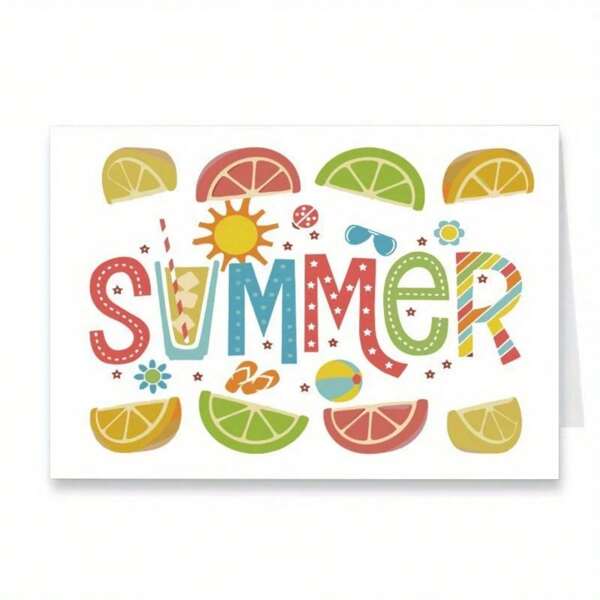 1pc Summer Greeting Card - Vibrant Citrus Fruit & Floral Design With Bold "SUMMER" Text, High-Quality Paper Card For Birthdays, Thank You, Weddings, Appreciation - No Batteries Needed