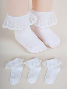 3 Pairs White Lace Trim Socks, Soft Mesh Grid, Suitable For All Seasons, School Style Baby & Girls Dance Socks - White - View 1