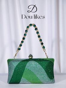 Elegant Green Rhinestone Decor Mini Clutch Bag With Detachable Metal Chain Strap, Ideal Gift For Women, Suitable For Formal Events, Weddings, Parties, Perfect Match For Party Dresses, Formal Gowns And Sequin Dresses, Essential Wedding Accessory